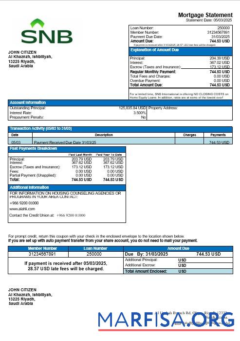 Printable Saudi Arabia Saudi National Bank mortgage statement in Word and PDF formats template